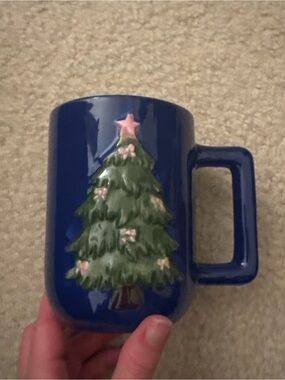 Blue Ceramic Mug with Raised Christmas Tree